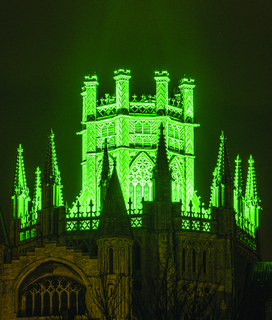 image of ely cathedral octagon tower lit up in green